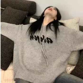 Женские свитера с капюшоном на осень и зиму, свободные вязаные свитера с буквенным принтом поверх топов S серый