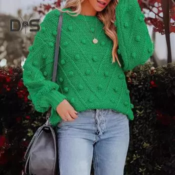Женские свитера с круглым вырезом и длинным рукавом, жаккардовый декор, трикотажные топы, однотонные, свободного кроя, джемперы, трикотаж S зелёный