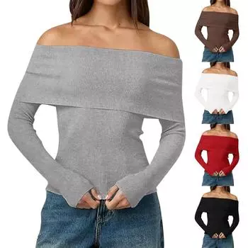 Женские свитера с открытыми плечами, с длинным рукавом, свободные, трикотажные L чёрный