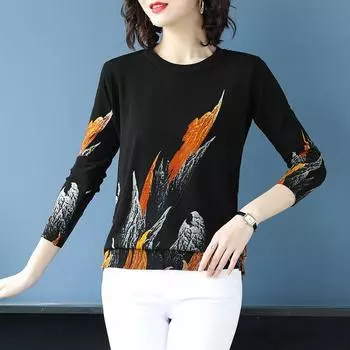 Женские свитера с принтом весна осень корейская мода пуловер длинный рукав топ женский мягкий O-образный вырез трикотажный тонкий свитер XXXL