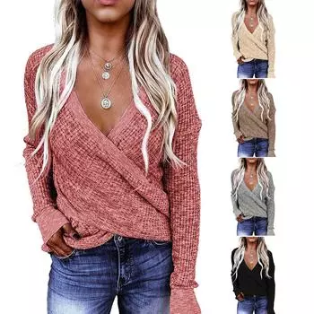 Женские свитера с v-образным вырезом и запахом, трикотажные пуловеры с длинными рукавами и асимметричным подолом, однотонные топы L бежевый