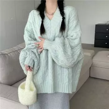 Женские свитера с V-образным вырезом и длинными рукавами-фонариками, осенняя и зимняя одежда, однотонные трикотажные блузки, свободный женский пуловер с большим переплетением S зелёный