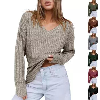 Женские свитера с v-образным вырезом, рубашки с длинными рукавами, свободный крой, повседневные осенние модные легкие пуловеры, туники, топы L серый