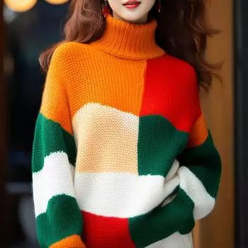 Женские свитера с высоким воротом и цветными блоками, утолщенные, винтажные, свободные, трикотажные, модные, для поездок на работу, пуловеры S разноцветный