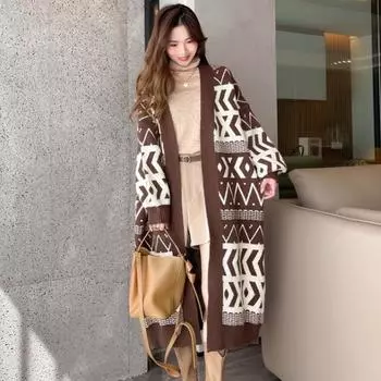 Женские свитера средней длины с v-образным вырезом и ромбовидным узором, вязаные кардиганы, осень-зима, свободные шерстяные вязаные пальто, женская верхняя одежда One Size темно-коричневого
