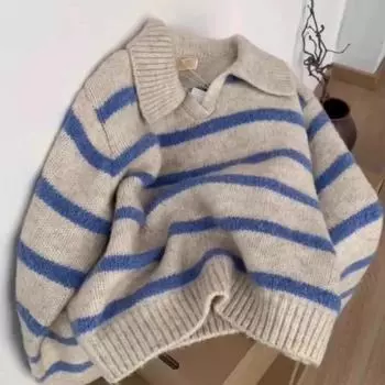 Женские свитера в голубую полоску, вязаный свитер с длинными рукавами и отложным воротником для женщин, женские зимние пуловеры One Size