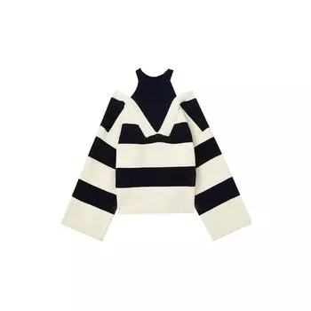Женские свитера в полоску, искусственные двойки, пуловеры с открытыми плечами и вырезом, женские модные 2022, осенне-зимние новые шикарные трикотажные топы S чёрный