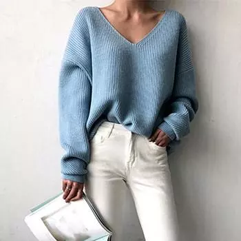 Женские свитера весна осень V-образный вырез трикотажные пуловеры свободная рубашка модный джемпер однотонный синий свитер L белый