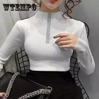 Женские свитера, водолазка, женское нижнее белье, осень/зима, тонкий вязаный пуловер со стразами, топ, свитер One Size бежевый