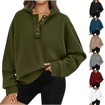 Женские свитшоты больших размеров Легкие свитшоты для женщин Большие толстовки с капюшоном на пуговицах Толстовка с капюшоном Повседневный уютный пуловер Осенние наряды L армия зеленый