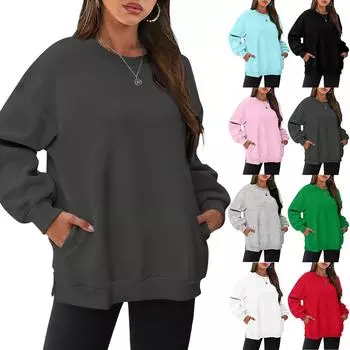 Женские свитшоты оверсайз с круглым вырезом и длинными рукавами, флисовый пуловер, модная осенняя одежда с карманом M зелёный
