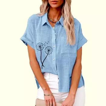 Женские свободные блузки больших размеров, модные льняные топы с цветочным принтом, женские повседневные футболки с коротким рукавом и пуговицами S белый