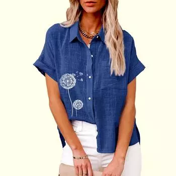 Женские свободные блузки больших размеров, модные льняные топы с цветочным принтом, женские повседневные футболки с коротким рукавом и пуговицами S белый