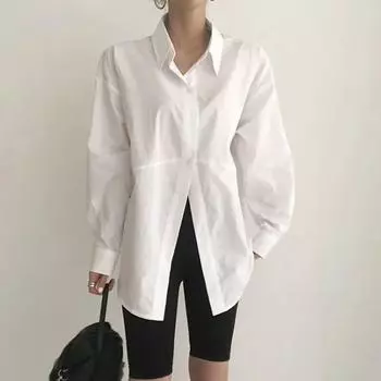 Женские свободные блузки с длинными рукавами, модная нерегулярная однотонная блузка, корейские шикарные топы, осенняя простая белая рубашка с отложным воротником 29499 S синий