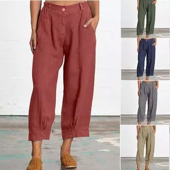 Женские свободные брюки больших размеров, модные однотонные повседневные брюки с девятью точками M хаки