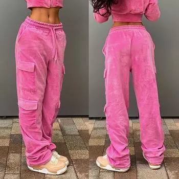 Женские свободные брюки-карго в стиле хип-хоп, спортивные брюки, свободные широкие бархатные повседневные брюки на шнуровке S розовый