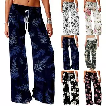 Женские свободные брюки с принтом и шнурком, эластичные повседневные брюки L чёрный