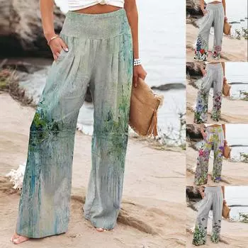 Женские свободные брюки с высокой талией и цветочным принтом, повседневные широкие брюки-палаццо-кюлоты 2XL