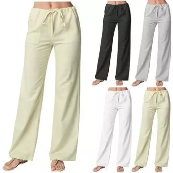 Женские свободные брюки со шнуровкой, хлопковые и льняные прямые повседневные брюки S чёрный