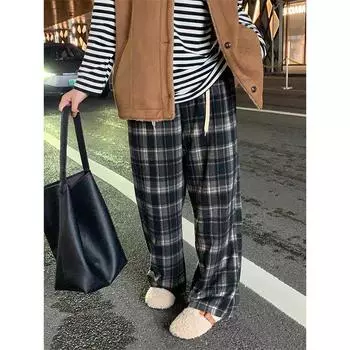 Женские свободные брюки в клетку в стиле ретро с широкими штанинами - осенний повседневный прямой драпированный стиль 3XL (80-90 kg)