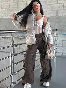 Женские свободные брюки в стиле сафари с заниженной талией, уличная одежда, однотонные брюки на шнуровке с карманами и эластичной резинкой на талии, модные длинные брюки на молнии S зелёный