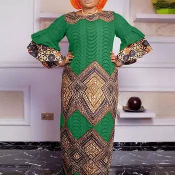 Женские свободные длинные платья большого размера с круглым вырезом и рюшами и длинными рукавами с принтом 3XL ярко-розовый