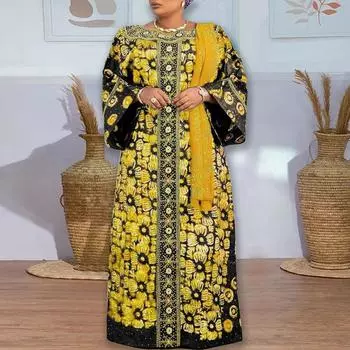 Женские свободные длинные платья большого размера с круглым вырезом и длинными рукавами с принтом L фиолетовый