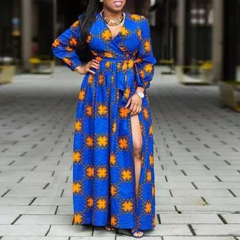 Женские свободные длинные платья с v-образным вырезом и длинными рукавами больших размеров, завязками на талии и принтом, с разрезом M синий