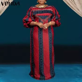 Женские свободные длинные платья VONDA больших размеров с круглым вырезом и длинными рукавами с принтом