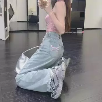 Женские свободные джинсы большого размера в гонконгском стиле с широкими штанинами XS