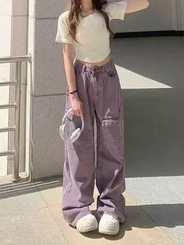 Женские свободные джинсы с высокой талией и широкими штанинами в стиле ретро фиолетового цвета на весну/лето 3XL фиолетовый