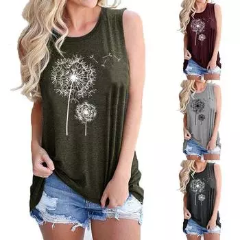 Женские свободные футболки, модный жилет с принтом одуванчика, топы с v-образным вырезом, сексуальные летние повседневные топы без рукавов на бретелях S серый