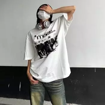 Женские свободные футболки с буквенным принтом в американском стиле ретро, белые топы с круглым вырезом в стиле Харадзюку с короткими рукавами M белый