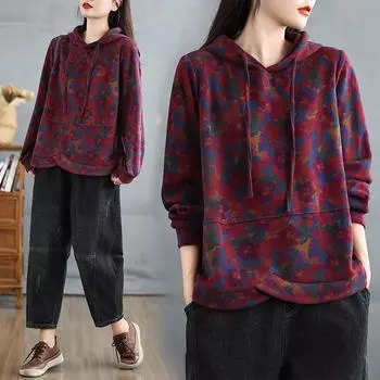 Женские свободные футболки с длинным рукавом больших размеров, новые осенние повседневные футболки с капюшоном, футболки с принтом, пуловеры M красный