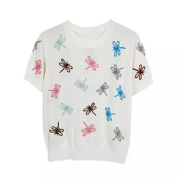 Женские свободные футболки с круглым вырезом, вязаные крючком, с рукавами радужного цвета, футболка с вышивкой стрекозы, летние топы, высокое качество B-058 One Size чёрный
