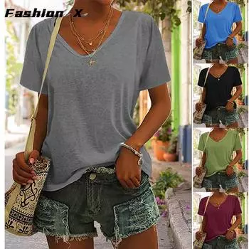 Женские свободные футболки с v-образным вырезом и принтом S чёрный