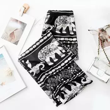 Женские свободные и повседневные летние тонкие брюки с высокой посадкой, свисающие до пола, с принтами One Size чёрный