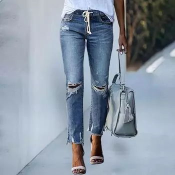Женские свободные и повседневные трендовые рваные повседневные модные прямые джинсы L светло-синий