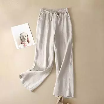 Женские свободные и тонкие весенние брюки с высокой талией большого размера из хлопка и льна, широкие брюки, прямые брюки, повседневные женские брюки с завязками XXXL чёрный