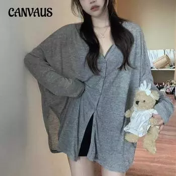 Женские свободные кардиганы больших размеров с V-образным вырезом и широкими рукавами L светло-серый