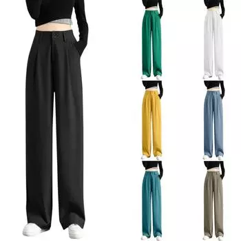 Женские свободные карманные повседневные брюки с эластичной резинкой на талии, тонкие свободные брюки на пуговицах и молнии, прямые костюмные брюки L чёрный