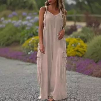 Женские свободные комбинезоны Комбинезоны с регулируемыми лямками Мешковатые комбинезоны Повседневный комбинезон с широкими штанинами и карманами Бохо Струящиеся брюки-палаццо XXL абрикосовый