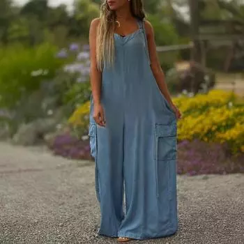 Женские свободные комбинезоны Комбинезоны с регулируемыми лямками Мешковатые комбинезоны Повседневный комбинезон с широкими штанинами и карманами Бохо Струящиеся брюки-палаццо XXL темно-серого
