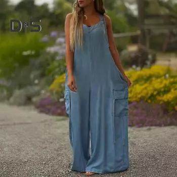 Женские свободные комбинезоны Комбинезоны с регулируемыми лямками Мешковатые комбинезоны Повседневный комбинезон с широкими штанинами и карманами Бохо Струящиеся брюки-палаццо L темно-серого