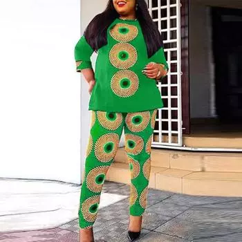 Женские свободные комплекты из топа и брюк большого размера с круглым вырезом и длинными рукавами с принтом L зелёный