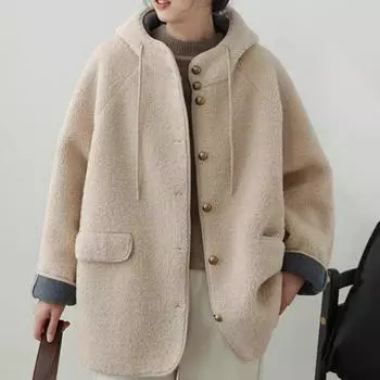 Женские свободные куртки с капюшоном из овечьей шерсти, повседневные однобортные толстые пальто, зимнее теплое пальто с длинным рукавом из гранулированного бархата 2XL бежевый