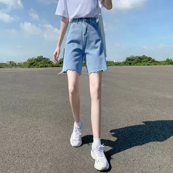 Женские свободные летние рваные прямые узкие джинсовые шорты больших размеров с высокой талией S синий