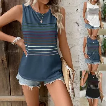 Женские свободные майки без рукавов в полоску с круглым вырезом, летняя майка, блузка S чёрный