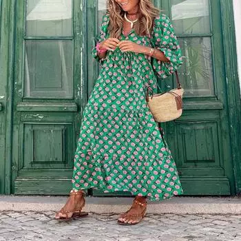 Женские свободные модели большого размера в богемном стиле с круглым вырезом и рукавами-фонариками, милые платья для девочек, элегантные и удобные 2XL