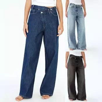 Женские свободные модные джинсы с высокой талией в стиле ретро с широкими штанинами для улицы L темно-синий